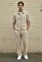 Men's Crepe Fabric Beige Relaxed Fit Double Zipper Short Sleeve Jacket & Pants Bottom Top Set Ls-0265 - 2