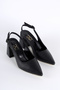 Women's Black Matte Leather Slingback Pointed Toe Thick Heeled Stylish Shoes 88 - 4