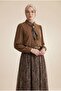 Buttoned Sleeves, Gathered Detail Skirt, Ethnic Patterned Suit - Brown