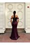 Women's Purple Rope Strap Off-Shoulder V-Neck Tulle Detailed Fully Sequined Fishnet Long Evening Dress - 5