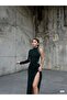 Women's Khaki Green One-Shoulder Glitter Fabric Stone Detailed Gathering Draped Slit Maxi Evening Dress - 2