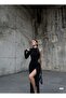 Women's Black One-Shoulder Glitter Fabric Stone Detailed Gathering Draped Slit Maxi Evening Dress - 3