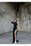 Women's Khaki Green One-Shoulder Glitter Fabric Stone Detailed Gathering Draped Slit Maxi Evening Dress