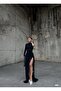 Women's Black One-Shoulder Glitter Fabric Stone Detailed Gathering Draped Slit Maxi Evening Dress