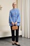 Gold Buttoned Lace-Up Shirt with Pleated Front and Sleeves - Blue - 3