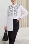 Plastron Detailed Embroidered Poplin Shirt -White