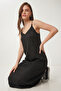 Strappy Patterned Satin Surface Dress Lgx0005 Black - 3