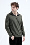 Men's Stand Collar Half Zipper Embroidered Sweatshirt Khaki - 26K 6137 - 3