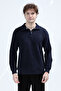 Men's Stand Collar Half Zipper Embroidered Sweatshirt Navy Blue - 26K 6137 - 5