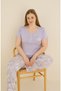 Women's Purple Large Size Floral Pattern Crew Neck 3 Buttons Lycra Viscose Short Sleeve Pajamas Set - 3