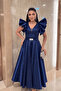 Taffeta Fabric Shoulder Flounce Midi Dress - Dark Blue