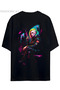Cyberpunk Street Style Series Back Printed Cotton Relaxed Fit Black Unisex T-Shirt