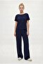 Women's Zeny Modal Touch Boat Neck Elastic Waist Pocketed Navy Blue Top and Bottom Set - 4
