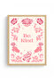 Natural Wood Framed Retro Floral Painting - Pink Floral Boho Pattern |   Huhu2442 - Single Table Natural Wood Frame - 2