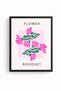 Black Wood Framed Retro Floral Art Print - Pink and Green Flower Bouquet |   Huhu2768 - Single Table Black Frame - 2