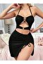 Black Stone Detailed Cut-Out Gathered Dress - 2