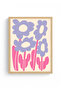 Natural Wood Framed Pop Art Floral Painting - Retro Pink Lilac Pattern |   Huhu2270 - Single Table Natural Wood Frame - 2