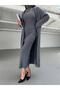 Women's Slit Detailed Turtleneck Ribbed Dress - Long Shawl Collar Cardigan 2-Piece Set - 4