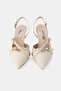 Women's Beige Zimbali Satin Low-Heeled Shoes with Pointed Toes and Open Back - 4