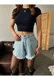 Palazo Relaxed Comfortable Wide Denim Jeans Shorts with Stones - 8