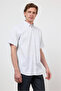 White-Navy Blue Buttoned Collar Short Sleeve Pocketed Comfort Fit Cotton Shirt 1004260183