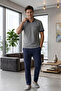 New Season Navy Blue Men's Summer V-Neck Jacquard Design Short Sleeve Plus Size (Oversized) Pajama Set - 7