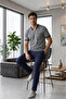 New Season Navy Blue Men's Summer V-Neck Jacquard Design Short Sleeve Plus Size (Oversized) Pajama Set - 8