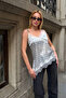 Women's Polka Dot Patterned Asymmetrical Cut Lace Detailed Strappy Satin Blouse - 7