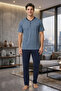 New Season Men's Indigo Crew Neck Jacquard Design Short Sleeve Oversize (Oversized) Pajama Set - 2