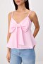 Pembe Keten Görünümlü Fiyonk Detaylı Askılı Dokuma Alt&Üst Bluz TWOSS25BZ00249 - 3