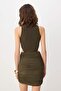 Haki Dekolte Drape Bodycone/Vücudu Saran Kısa / Mini Örme Party Elbise TPRSS26EL00258 - 3