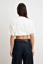 Ekru Boxy Kısa Kollu Büzgülü Super Crop %100 Pamuk Örme T-shirt TWOSS26TS00282 - 4