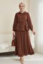 Parted Gathered Blouse Skirt Set -Brown - 2