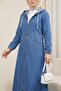 Hooded Denim Cap with Elastic Sleeves and Side Pockets - 3