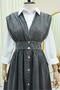 Full-length button-down V-neck sleeveless denim vest - smoke gray - 4