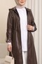 Hooded Leather Cap with Folded Sleeves and Lace-Up Waist - Brown - 3