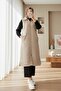 سترة مبطنة طويلة بجيوب وغطاء رأس بسحاب - حجرية اللون