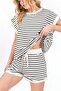 Round Neck Striped Combed Cotton Suit with Pockets and Shorts -White - 5