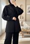 Double Breasted Lapel Jacket Pants Set with Belt Rose Detail -Black