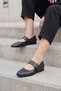 Black Genuine Leather Buckle Women's Ballerina Shoes - 4