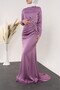 Side Gathered Satin Evening Dress with Stone Taka Detail - 4