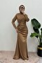 Side Gathered Satin Evening Dress with Stone Taka Detail
