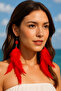 Red Feather Earrings with Glass Bead Detail - Boho Style Long Earrings
