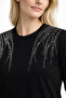 Women's Middle Age Regular Fit Two Thread Combed Cotton Stone Embroidered Tunic Trousers Double Set 4382 - 4