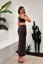 Women's Brown Front Gathered Detailed Lined Midi Skirt Thick Bottom Top Set - 5