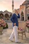 Hijab Collar Is Closed Natural Linen Fabric Loose Fit Comfortable Cut Shirt Dark Blue