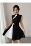 New Season Women's Half Turtleneck, Window-Cut Neckline and Double Color Detail Mini Dress