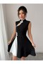 New Season Women's Half Turtleneck, Window-Cut Neckline and Double Color Detail Mini Dress - 4