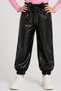 Girl's, Black Leather Bow Detailed Trousers, Pink Shoulder Ruffle Badi and Headband Set. - 5