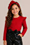 Girls' black leather bow-detail pants, red ruffled-shoulder bodysuit, and headband set. - 2